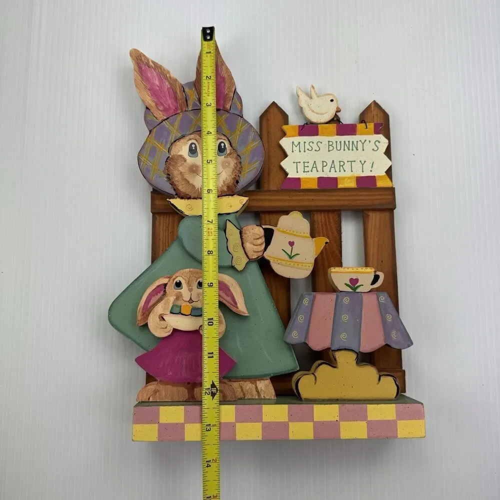 Vintage Easter Bunny Tea Party Wooden Standing Sign 3D Spring Decor